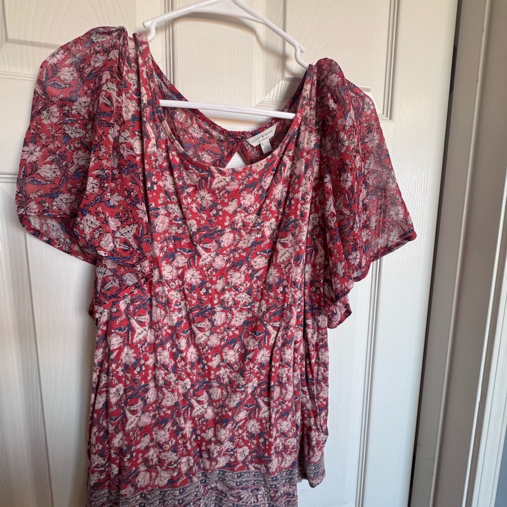 Lucky Brand Red Floral Short Sleeve Blouse